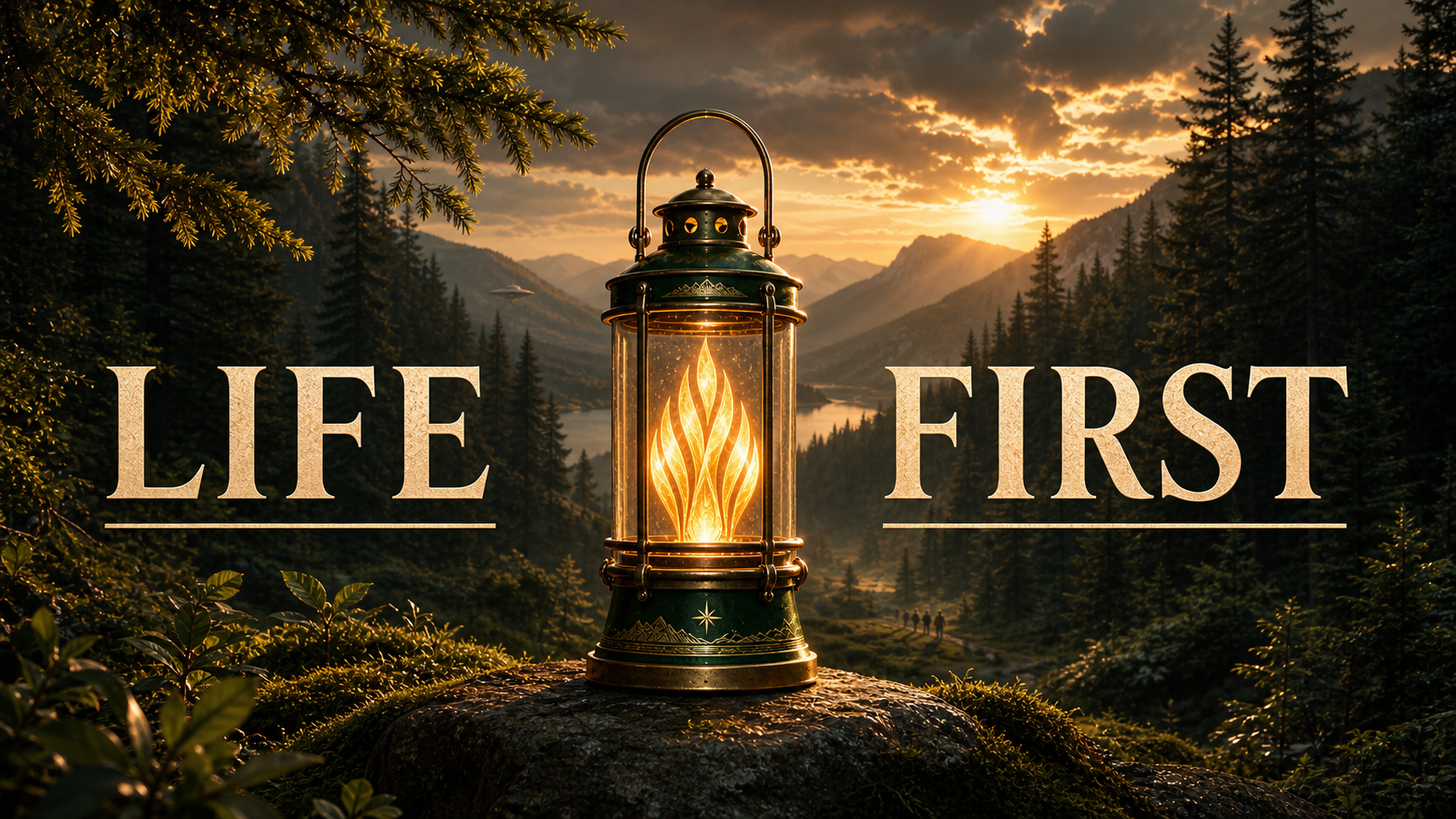 Life First, represented by a brass and forest-green lantern illuminating a path through a mountain forest, with distant anonymous silhouettes and a subtle UFO near the trees.