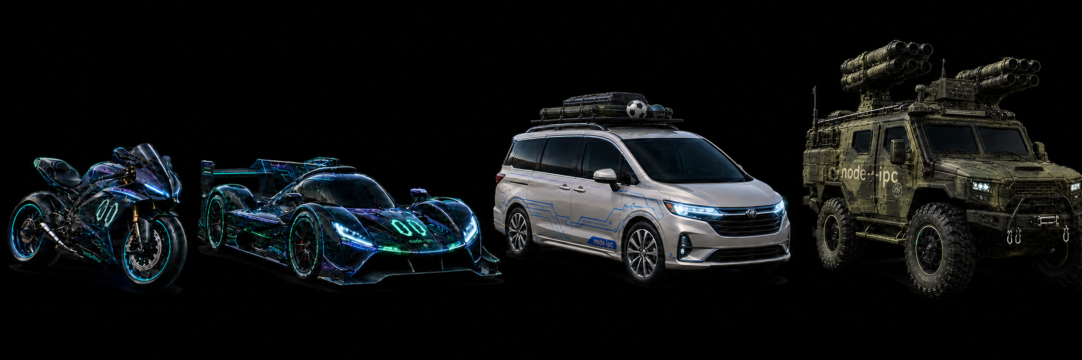 Four node-ipc-branded vehicles representing Raw, Fast, Guarded, and Assured profiles